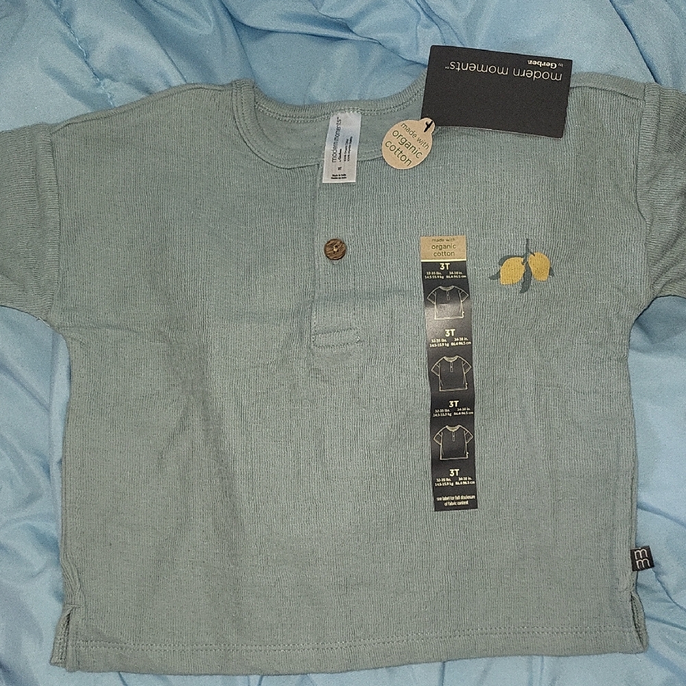 Gerber Sage Green Short-Sleeve Henley Tee with Yellow Lemon Embroidery